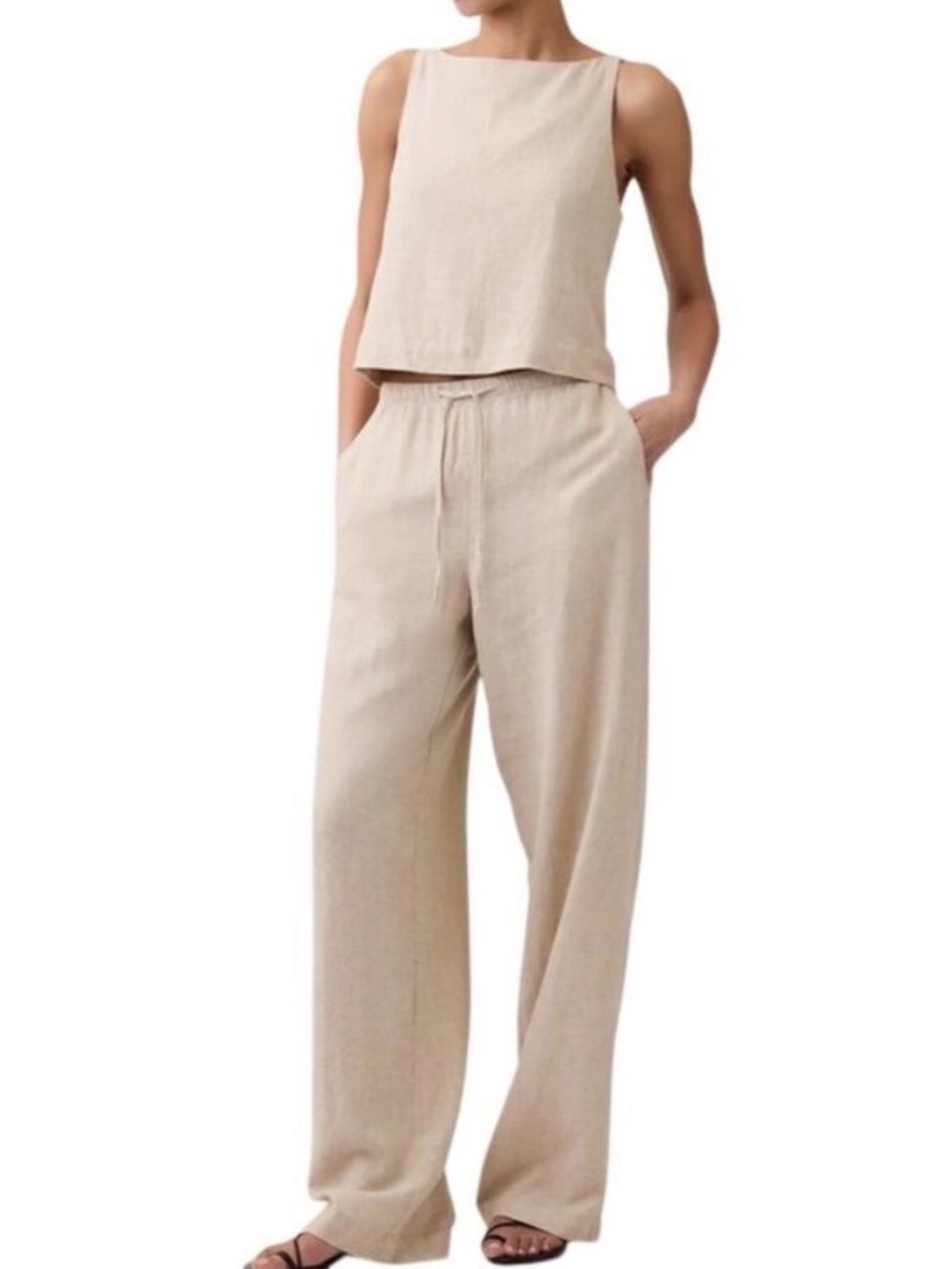 Gap pull on wide leg linen blend pant tan size medium